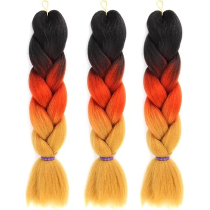 Generic 3 Pieces Jumbo Braiding Hair Extension Rainbow Braids Heat Resistant Synthetic African Braids Crochet Twist Braiding Hair Extension Black/Orange/Gold - Image 1